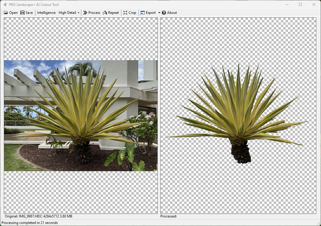 Sample image showing background removed from a plant photo using the AI Cutout Tool in PRO Landscape+