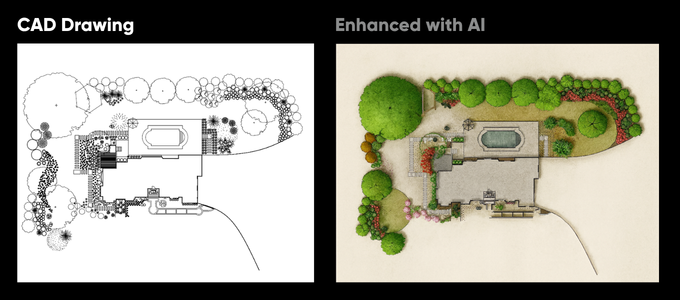 PRO Landscape Planner CAD design before and after AI enhancement