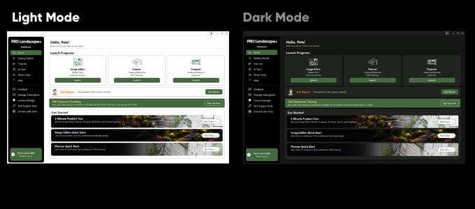 Redesigned PRO Landscape+ Dashboard shown in Light and Dark modes